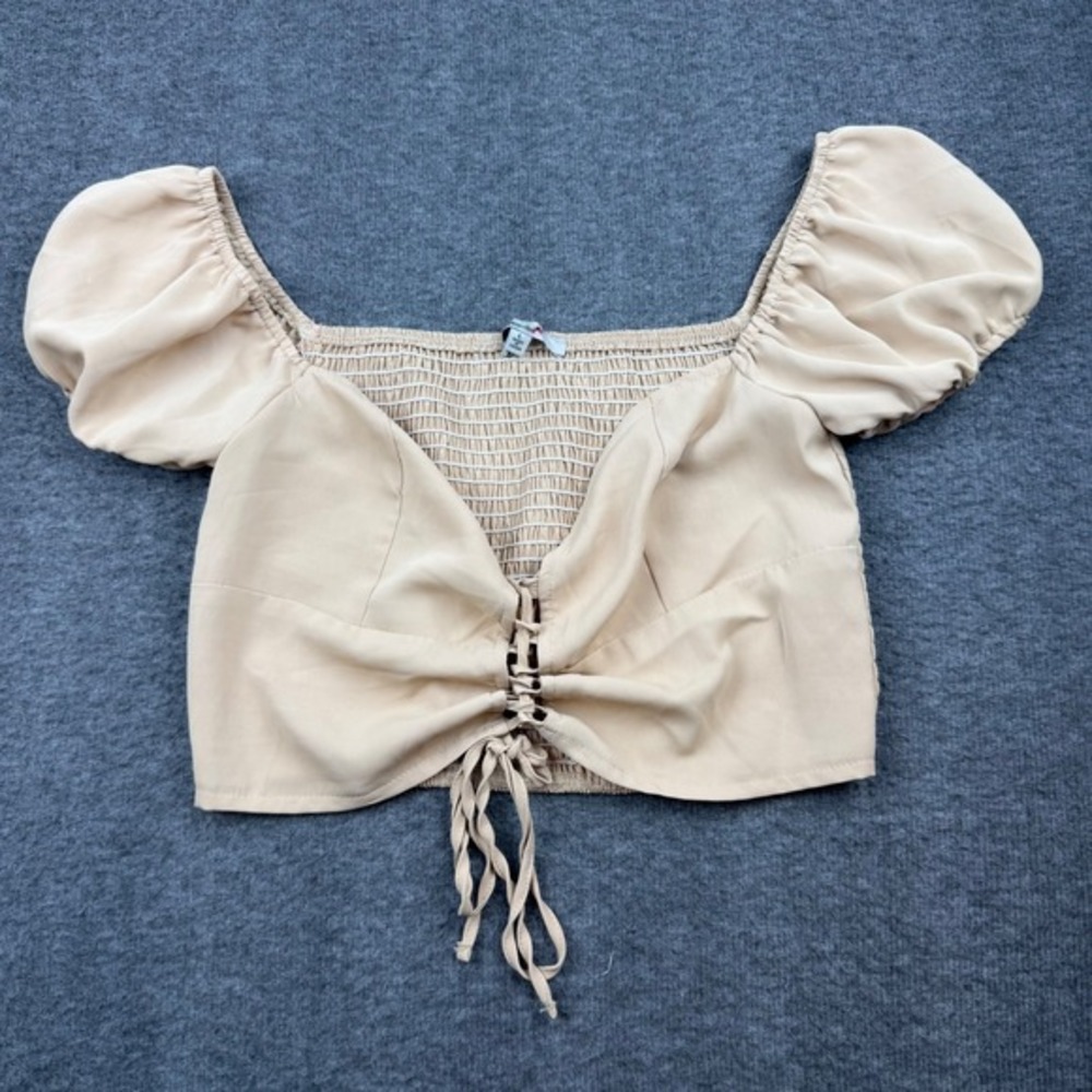 Papaya Crop Top Women's Large Beige Lace Up Smocked Puff Sleeve Blouse